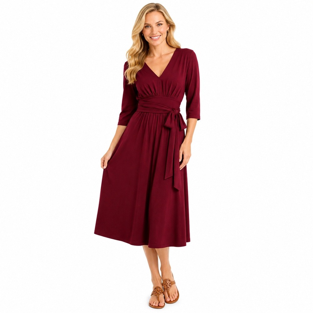 eShakti Womens Burgundy V-Neck Pleated Waist Tie Jersey‎ Midi Dress 3/4 Sleeve